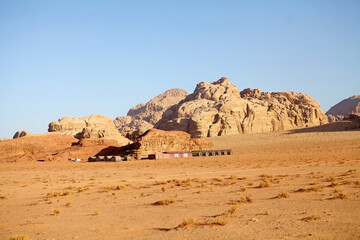 Desert camp for tourists at Wadi Rum landscape, Jordan