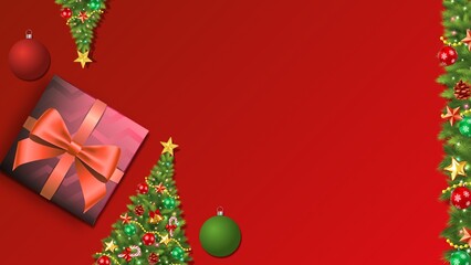 Festive Red Christmas Background with Gift, Ornaments, and Evergreen Tree Elements