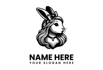 Vector Logo Illustration of a Charming Rabbit Girl with Bow and Necklace