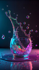 Neon Splash in Glass Bowl – Abstract Liquid Motion with Vibrant Reflections