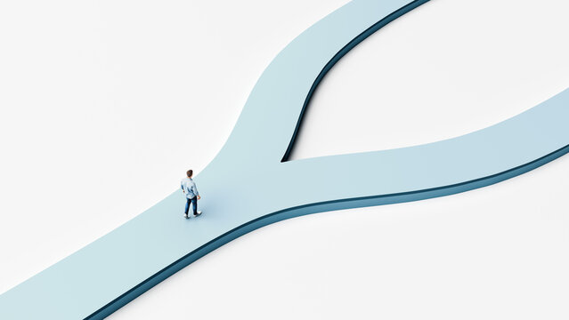Man facing two diverging paths, choosing direction for future decisions and life direction on a smooth modern forked walkway, 3d render