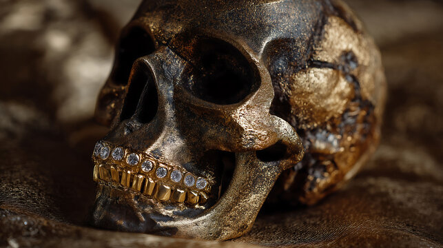 A luxurious human skull with golden teeth on a diamond background, captured in high-end fashion photography