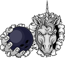 Unicorn horse stallion bowling angry sports team mascot holding a ball.