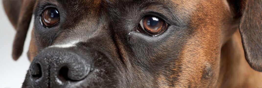 Closeup of a brindle Boxer dog with expressive eyes on a soft gray background, showcasing charm.