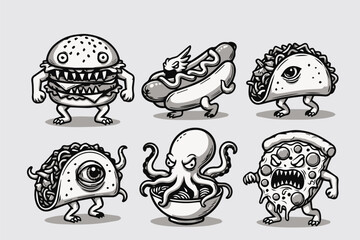Creepy Food Monster Icons Set – Hand-Drawn Horror Snack Characters Vector