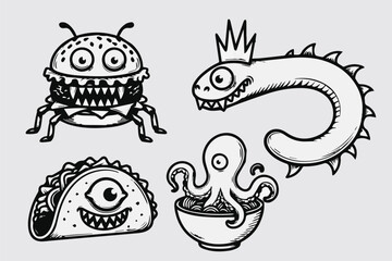 Creepy Food Monster Icons Set &ndash; Hand-Drawn Horror Snack Characters Vector