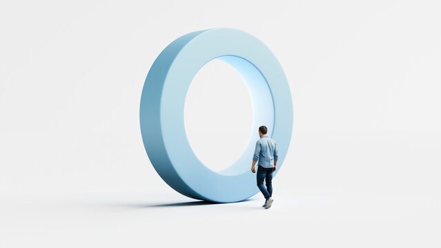 Man approaching a giant circular gateway that represents breakthrough, new direction, personal growth and stepping into the next phase, 3d render
