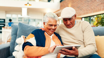 Sofa, happy and senior couple on tablet for online streaming, internet search and connection. Retirement home, marriage and elderly man and woman on digital tech for videos, bonding or relax together