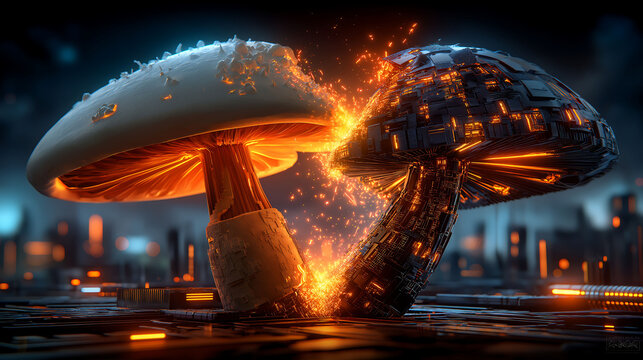 Futuristic split mushroom with white glow and neon circuitry, perfect for EDM