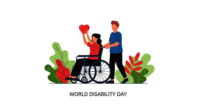 Woman in Wheelchair Holding Heart, Assisted by Man, World Disability Day - Powered by Adobe