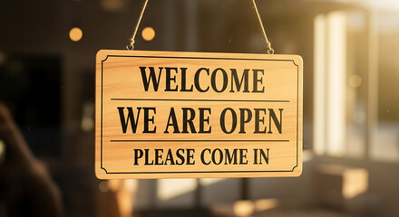 Welcome we are open please come in sign hanging on a glass door inviting customers to enter shop