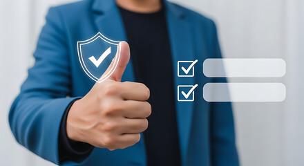 Man giving a thumbs up with a shield and checkmarks indicating approval and agreement on terms