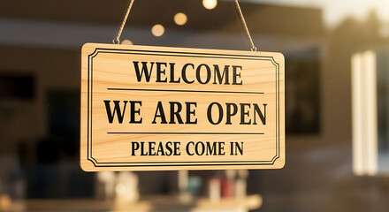 A close up shot of a wooden welcome sign hanging on a glass door with rope and sunlight shining through