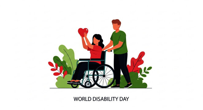 Woman in Wheelchair Holding Heart with Man Pushing, World Disability Day - Powered by Adobe