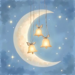 Decorative golden bells hanging near crescent moon in night sky  