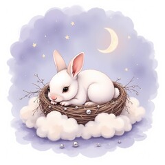 Cute white rabbit resting in a nest among clouds at night  