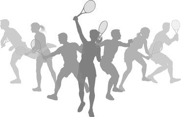 Silhouette Tennis players set. Active sports people healthy players fitness silhouettes concept.
