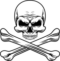 A skull and crossbones pirate crossed bones jolly roger design in a vintage retro woodcut style