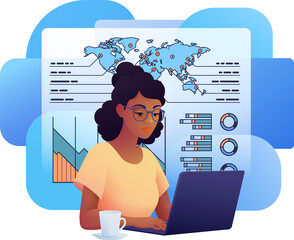 Woman business person student on laptop remote home working writing analysing website internet document infographic stats. Cartoon data analysis, financial stock market trading report finance concept.