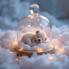 Sleeping baby bear under glass dome on soft white clouds