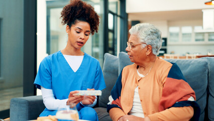Fototapeta premium Home, pills and nurse with senior woman for prescription, consulting and advice. Retirement, healthcare and caregiver with medicine for elderly person for treatment, medical service and wellness