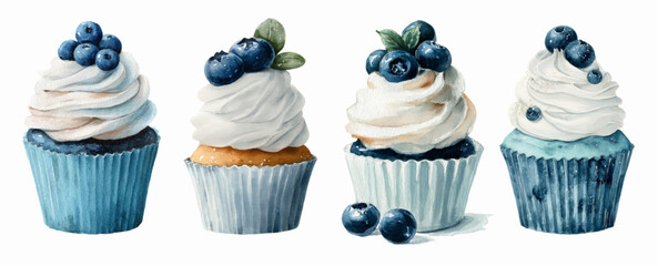Set of watercolor illustrations of delicious blueberry cupcakes with lush white cream. Desserts decorated with fresh blueberries and mint. 