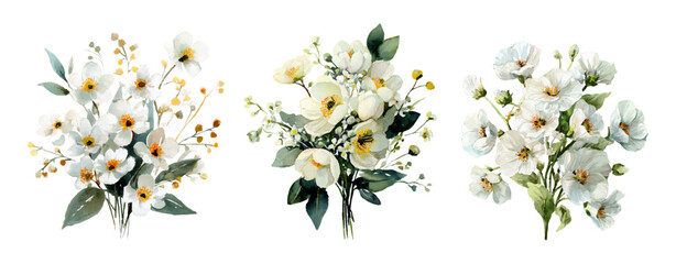 Watercolor floral bouquet with white delicate flowers. Elegant vintage wedding illustration, perfect for greeting cards and decorative patterns.