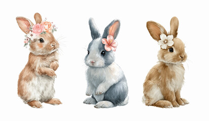 Fototapeta premium Watercolor set of cute rabbits with flowers. Fluffy rabbits with a floral wreath and a flower near the ear. Cute spring and Easter characters. Animals for Easter, and spring designs. 
