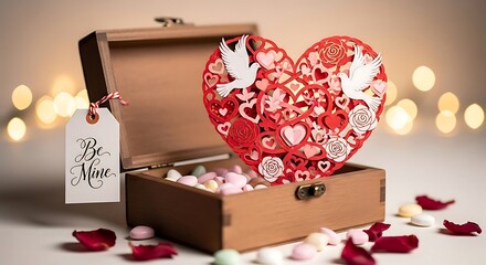 An enchanting Valentine's Day surprise featuring an intricate red papercraft heart with doves in a wooden box filled with sweet candy