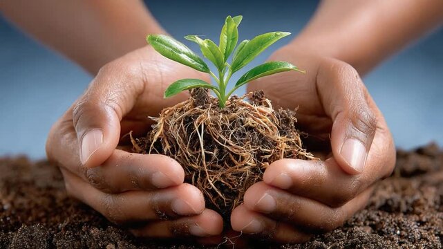Nurturing New Life: A pair of hands tenderly cradles a young seedling, symbolizing growth, care, and the nurturing of new beginnings.