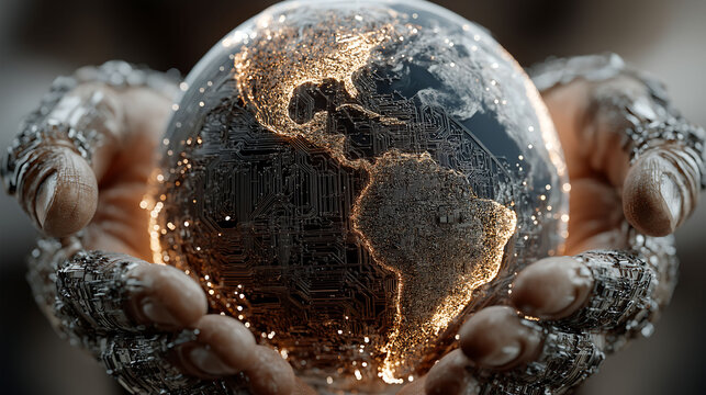 3D holographic Earth above hands, digital circuits, data streams, luminous particles, global AI network theme