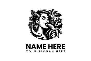 Vector logo illustration of a woman eating a banana surrounded by fruits