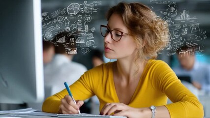 Focused Analysis: A focused professional, absorbed in deep contemplation, is meticulously charting strategies on paper, symbols of innovative thought processes floating above.