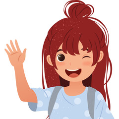 Young Woman With Red Hair Waving Hello And Winking Happily While Wearing A Blue Polka Dot Shirt And A Backpack