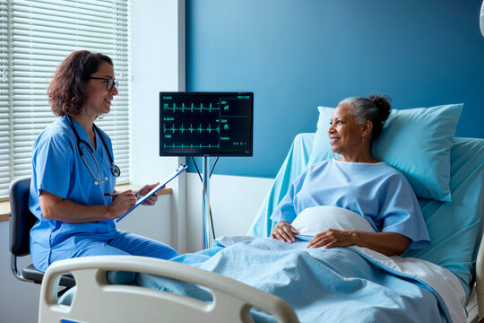 female doctor holding clipboard talking to senior Black woman patient lying in hospital bed with heart monitor screen in background during medical care