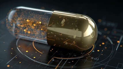 Close-up drug loaded capsule interacting with digital coordinates overlay representing targeting algorithm, premium science aesthetic, targeted drug delivery - Powered by Adobe