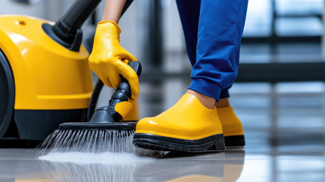 woman mopping tile floor in bright office or restroom with bucket and cleaning supplies, hygiene and sanitation concept, professional housekeeping, copy space