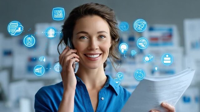 Customer Service Representative: A smiling woman, engrossed in a phone conversation, juggles a document, illustrating the multitasking demands of her role in customer support and service.