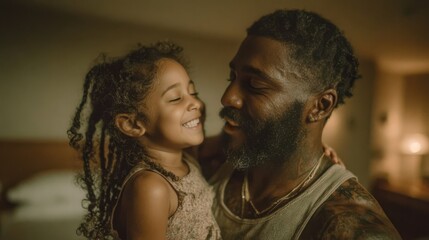 Father Lifting Daughter in Modern Bedroom with Joyful Expressions