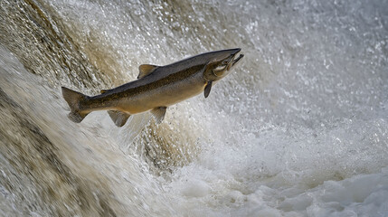 Fototapeta premium A dramatic high-speed capture of a salmon leaping up a natural cascade, showcasing powerful movement and crisp detail
