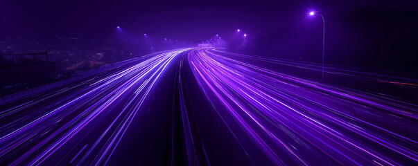 Futuristic long-exposure highway with purple light trails, high-tech atmosphere, holographic effects