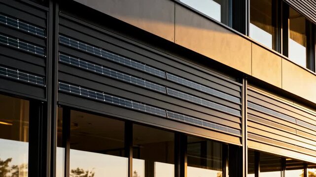 Medium shot of sleek slim solar siding panels seamlessly blending into modern building exteriors for discreet renewable energy generation.