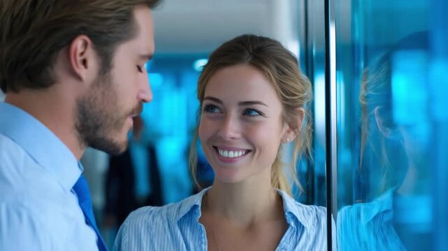 Business Romance: A close-up shot of a couple gazing fondly at each other. They radiate a mutual affection that speaks volumes, set against the backdrop of a modern business environment.