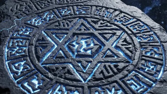 Intricate star pattern illuminated on textured surface with glowing elements