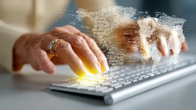 Digital Symphony: Hands dance across the keys, a stream of digital information materializes, revealing the seamless integration of technology in modern life.