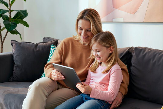 woman sitting on sofa holding digital tablet with girl child smiling and looking at screen, demonstrating family using technology for medical care