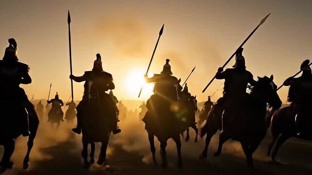 Silhouetted Roman Legion Cavalry Charging at Sunset with Spear Weapons and Historic Armor on a Dusty Battlefield