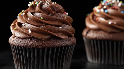 Two chocolate cupcakes with chocolate frosting and sprinkles against a dark background