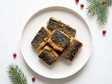 Top-down shot of fried capitone eel pieces served on a white plate with minimal Christmas styling. Crispy texture, golden crust and dark skin contrast on a clean white background