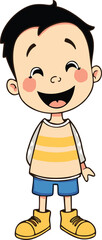 Delighted boy in yellow striped shirt and blue shorts standing cheerfully in transparent background cartoon illustration